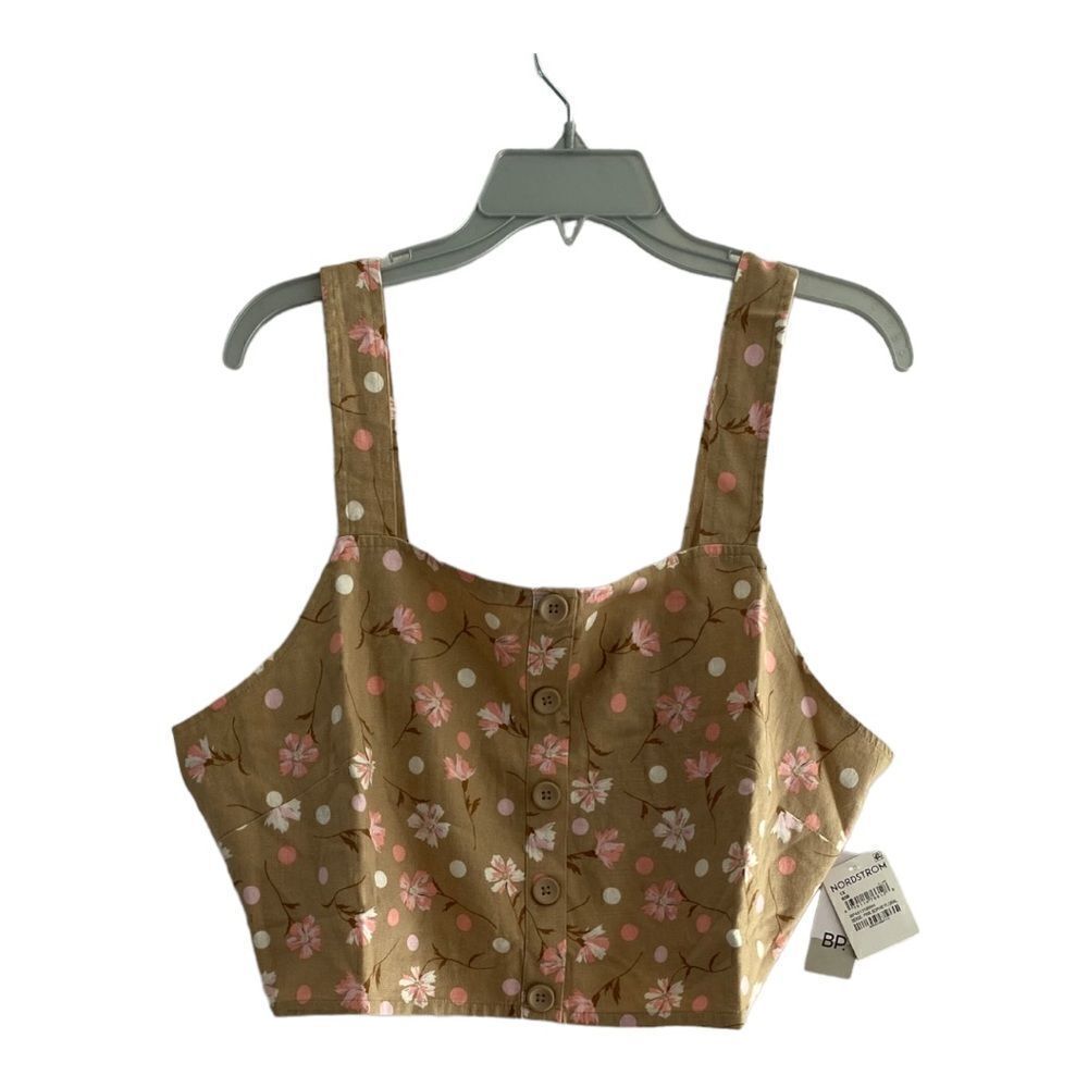 BP Floral Linen Blend Crop Top Tan 1X Smocked Back Button Front NWT
